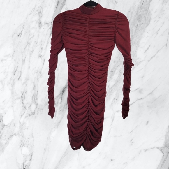 FASHION NOVA Burgundy ruched mini dress, Long sleeve, size xs - Picture 3 of 6